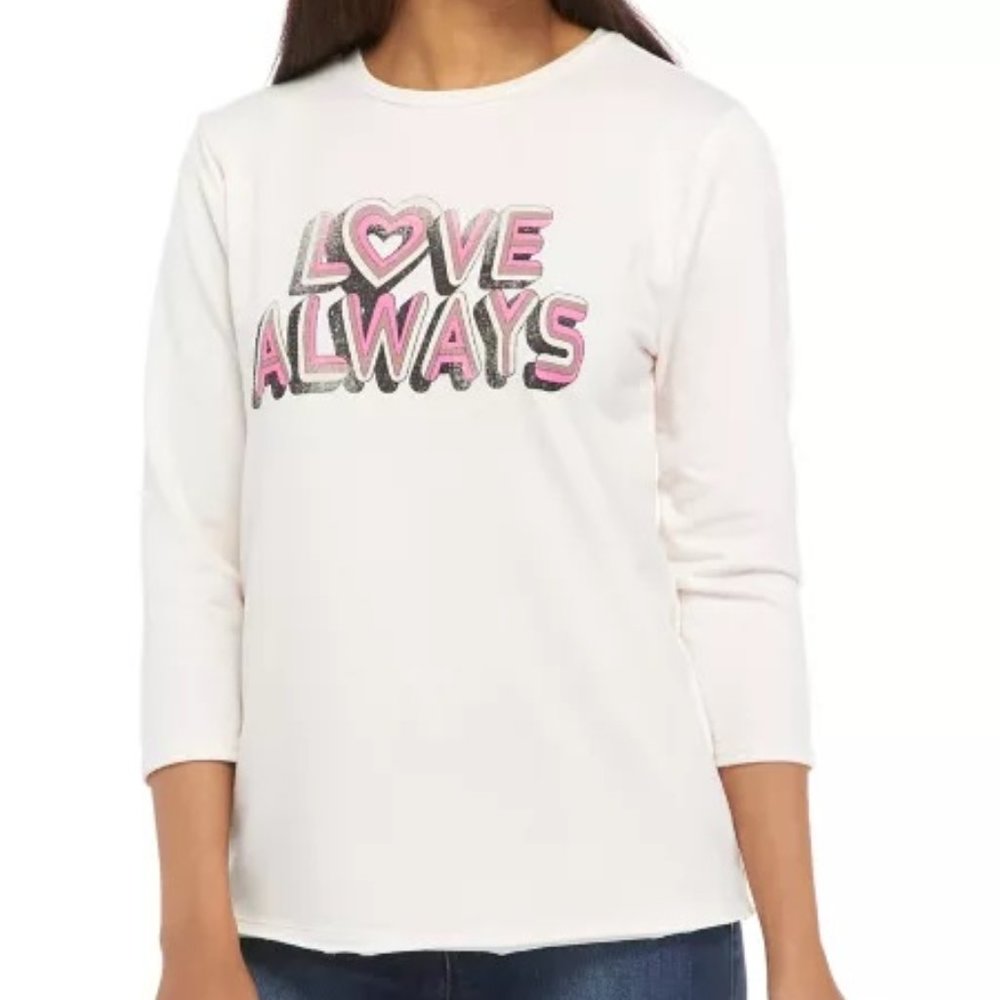 New Directions Studio Women’s 3/4 Sleeve Graphic Crew Neck Pullover Shirt NWT